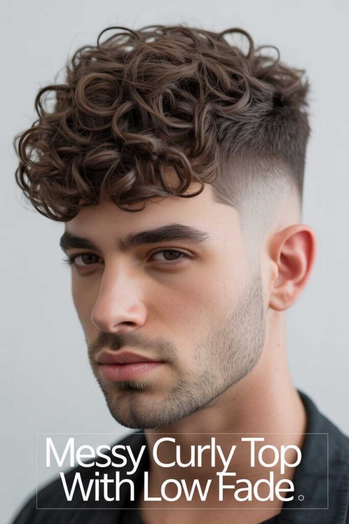 Messy Curly Top with Low Fade